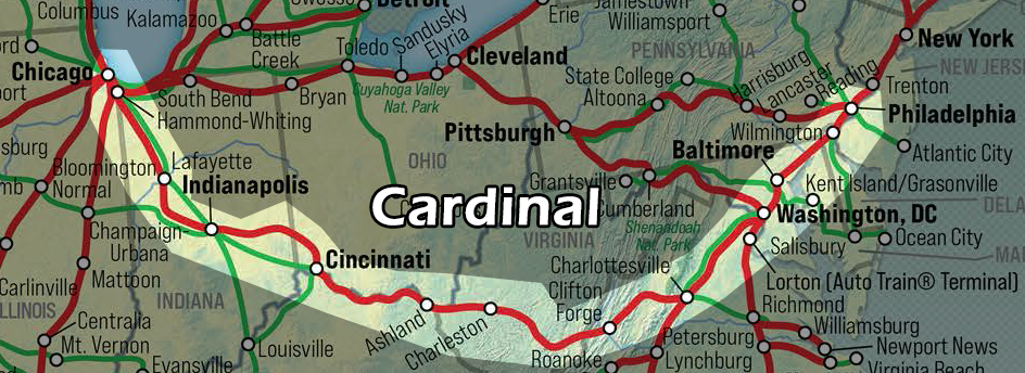 Map depicting the route of the Amtrak Cardinal.