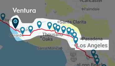 Route of the Pacific Survliner Amtrak train from Los Angeles to Ventura, CA.