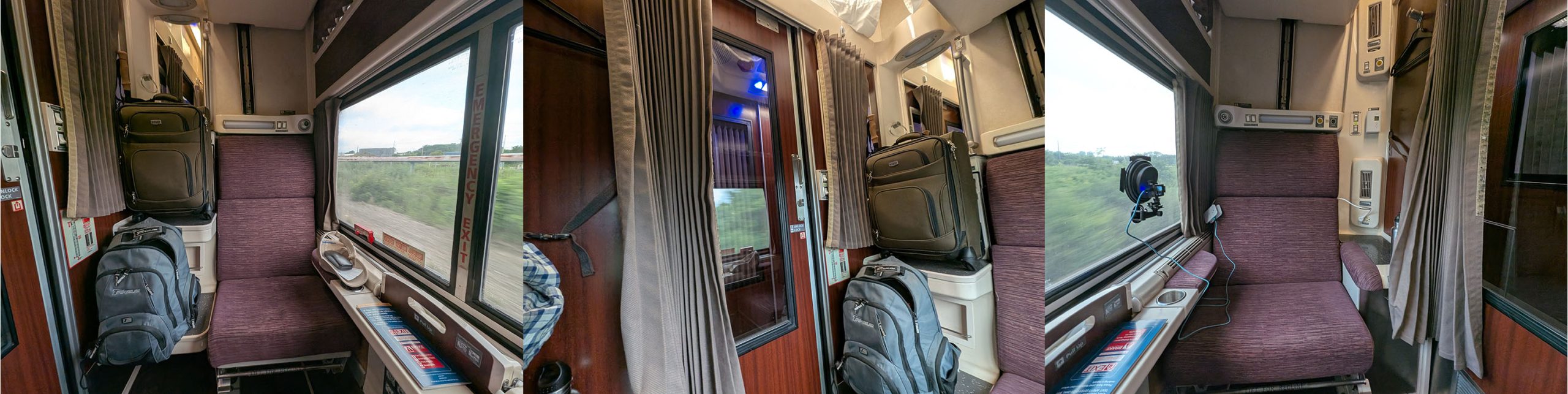 Composite photo showing three views of a Amtrak roomette.