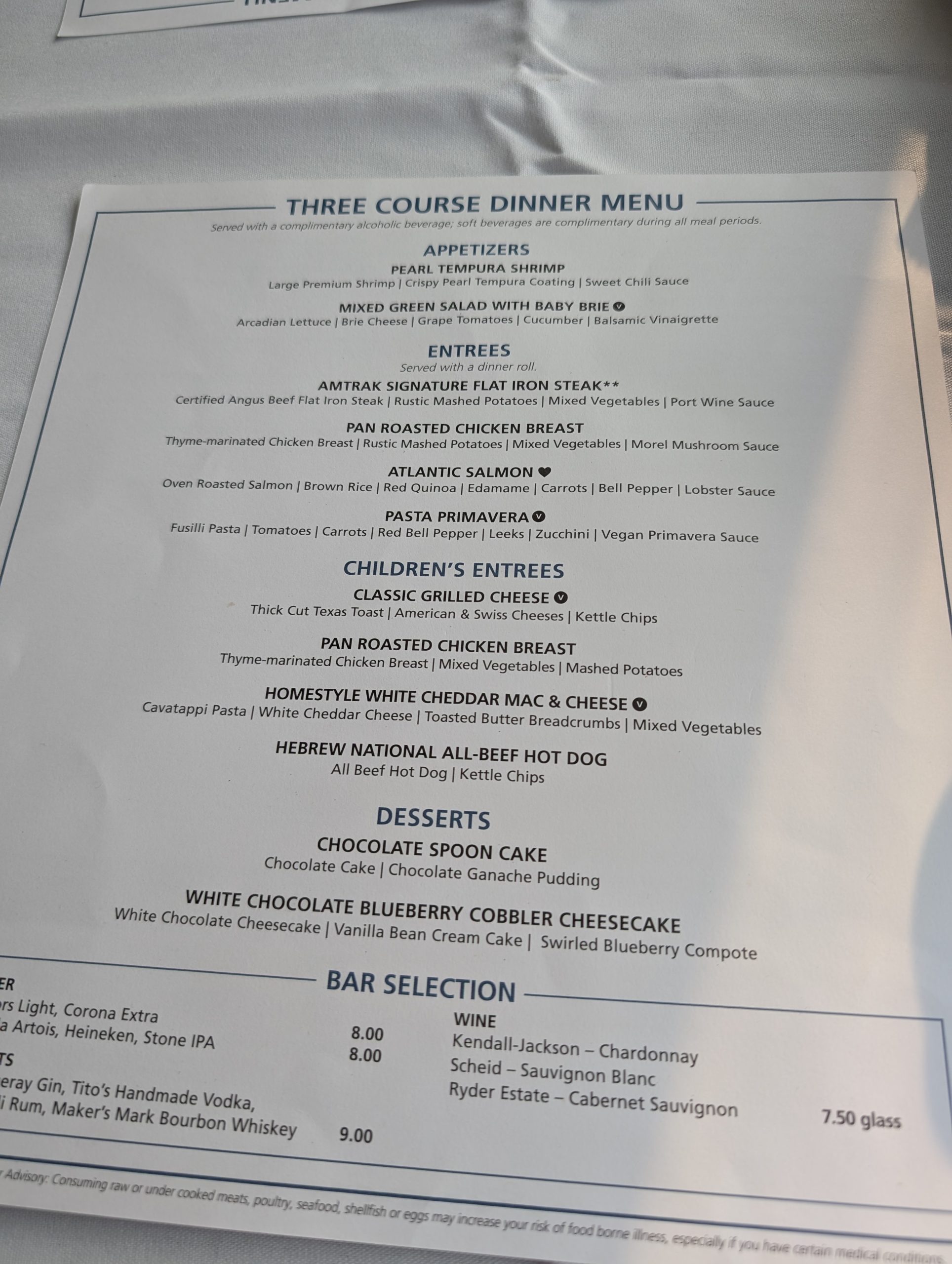 Southwest Chief dining car menu.