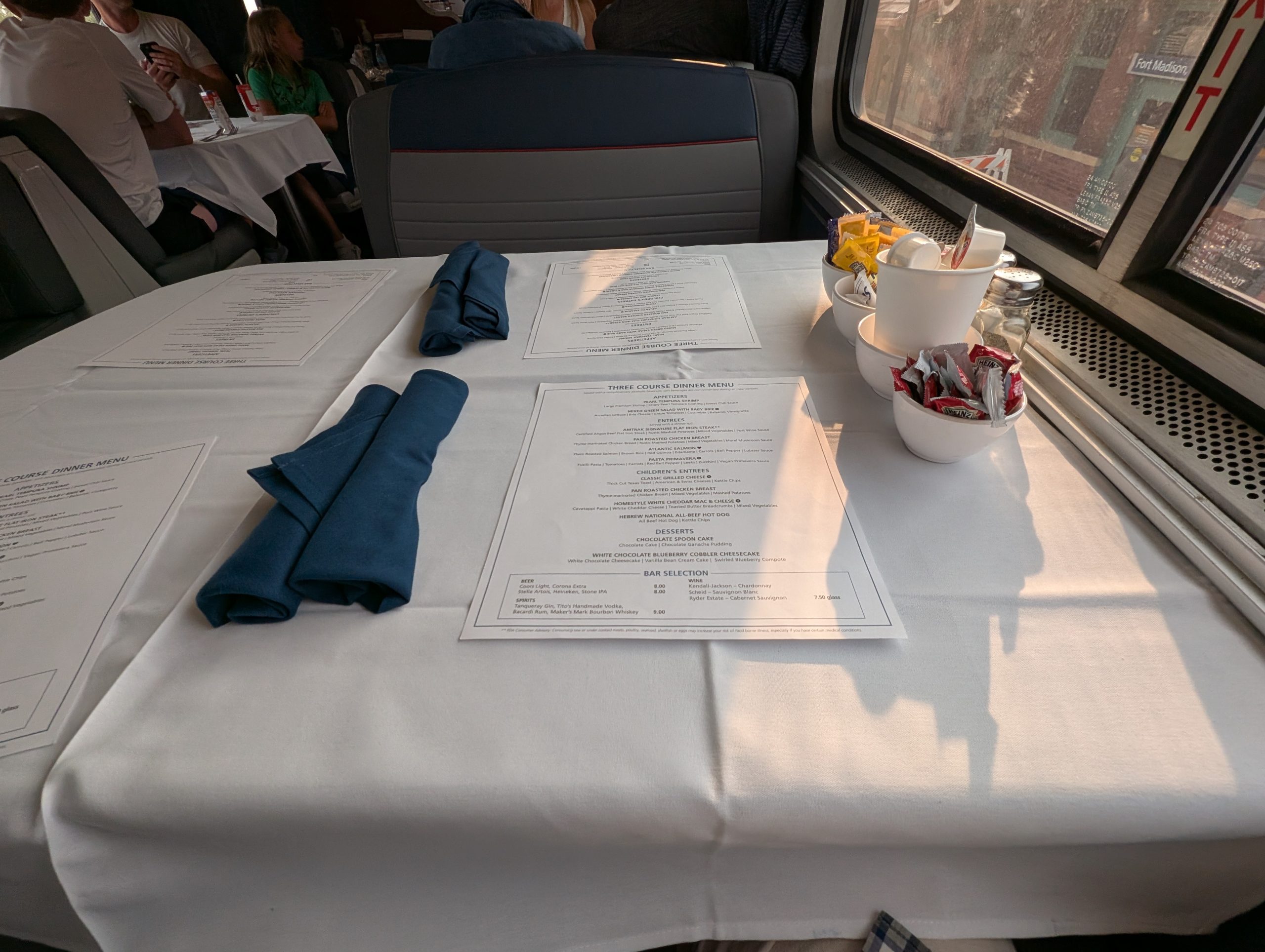 A typical place setting in the Amtrak Southwest Chief dining car.