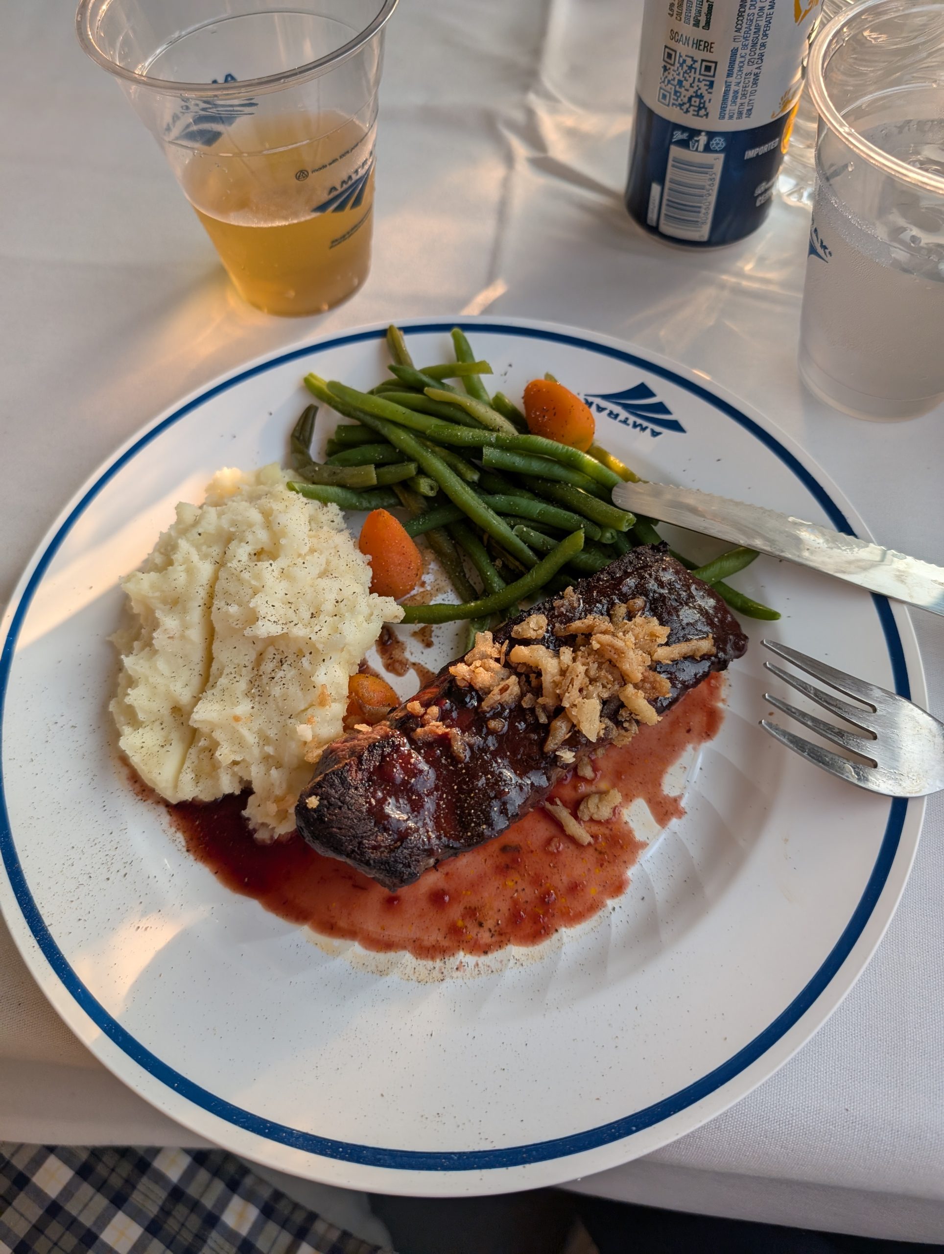 Steak dinner on Amtrak's Southwest Chief.