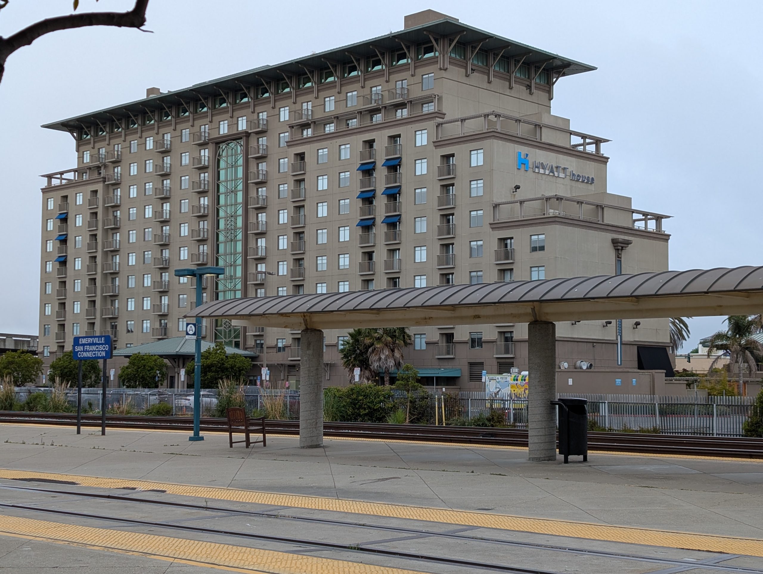 The Hyatt House, Emeryville, as seen from the Amtrak station platform.