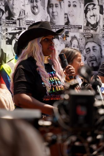 A speaker at the protest.